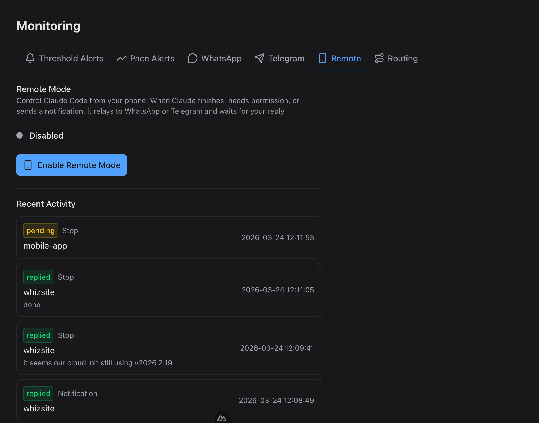 Remote mode activity log showing permission requests, notifications, and stop events