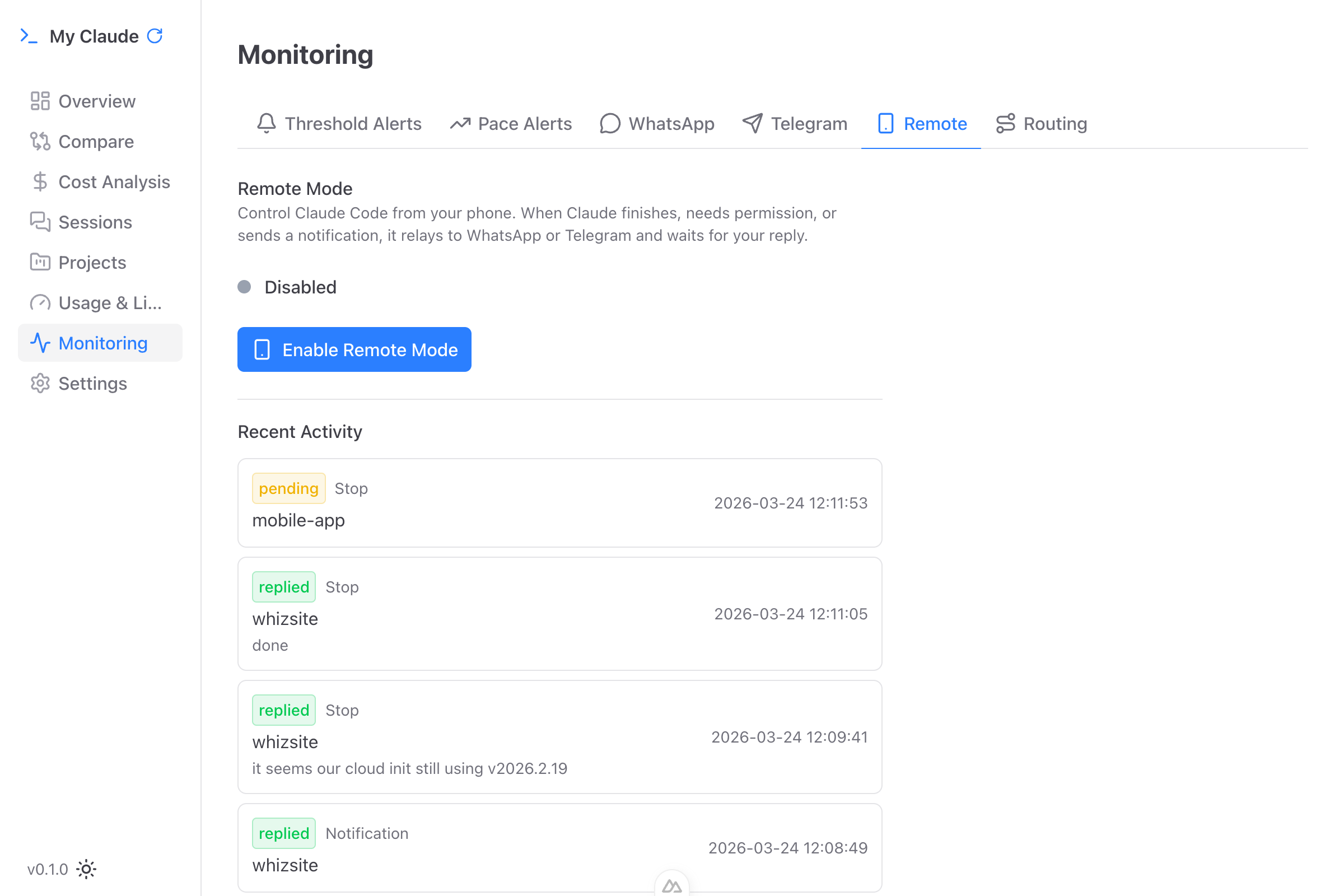 Remote mode activity log showing permission requests, notifications, and stop events