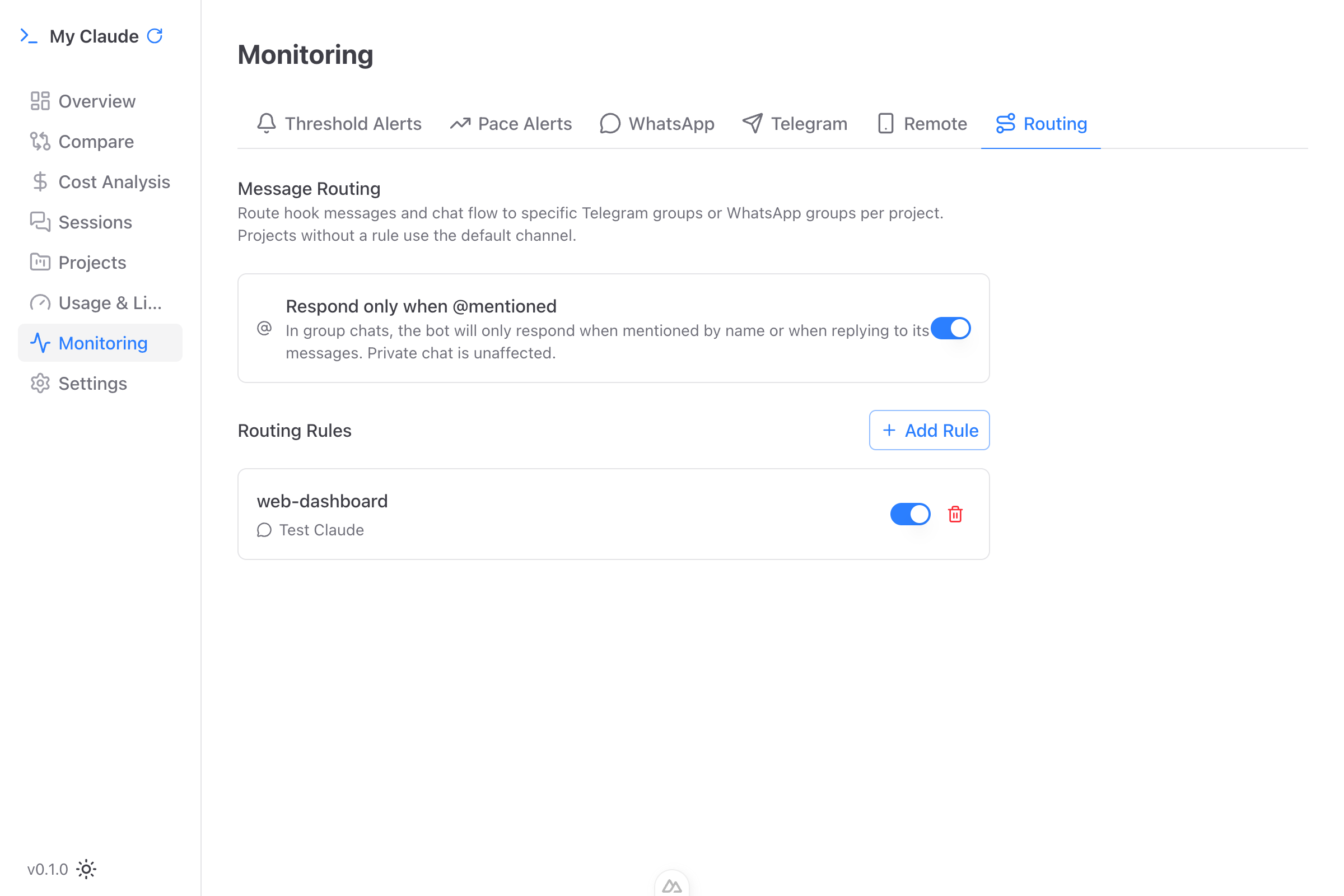 Routing rules for directing projects to specific WhatsApp groups or Telegram chats