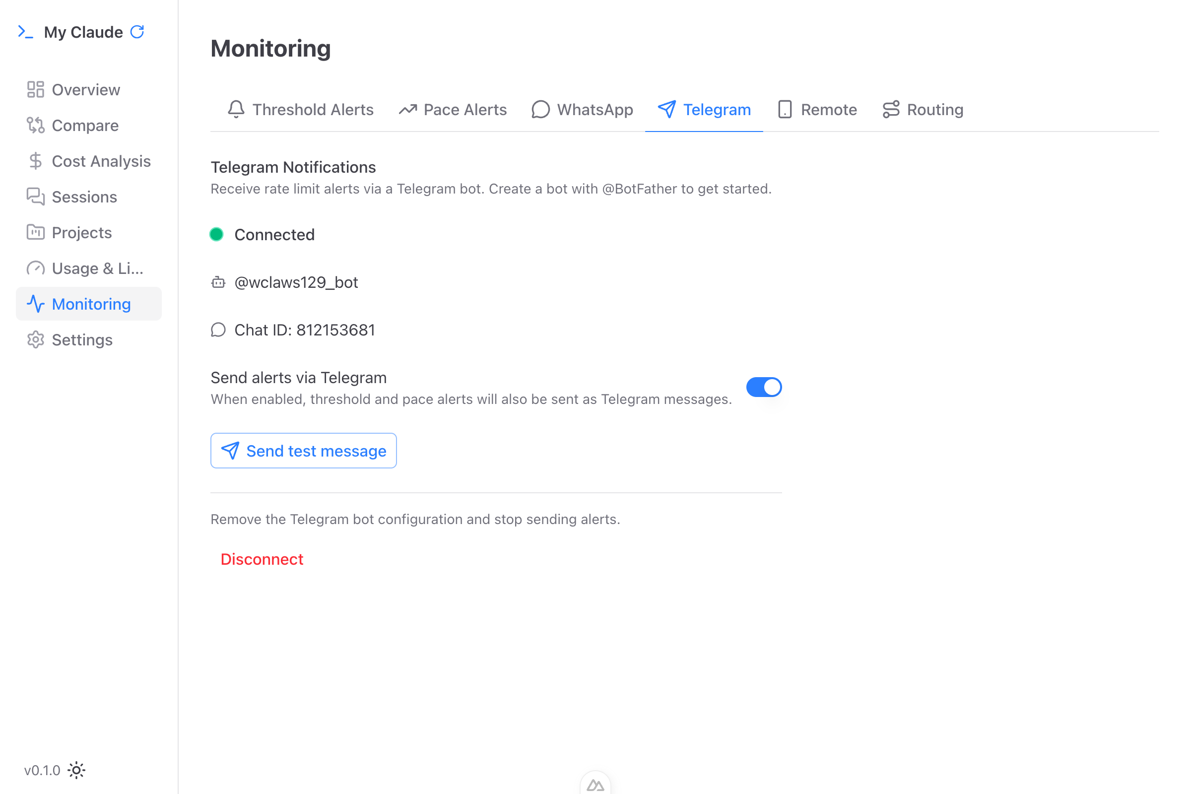Telegram bot connection with auto-detected chat ID