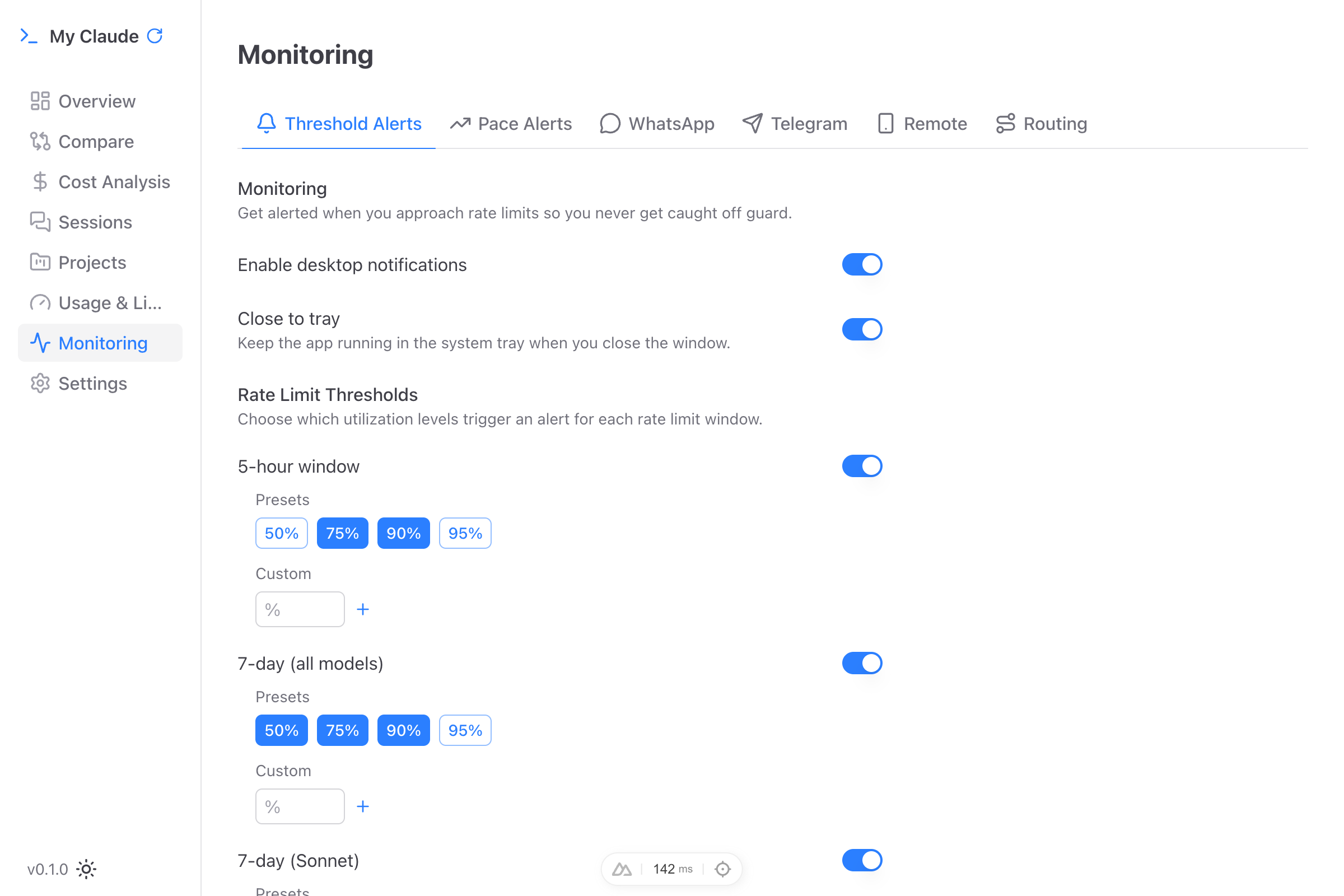 Threshold alerts configuration with preset percentages and cooldown settings