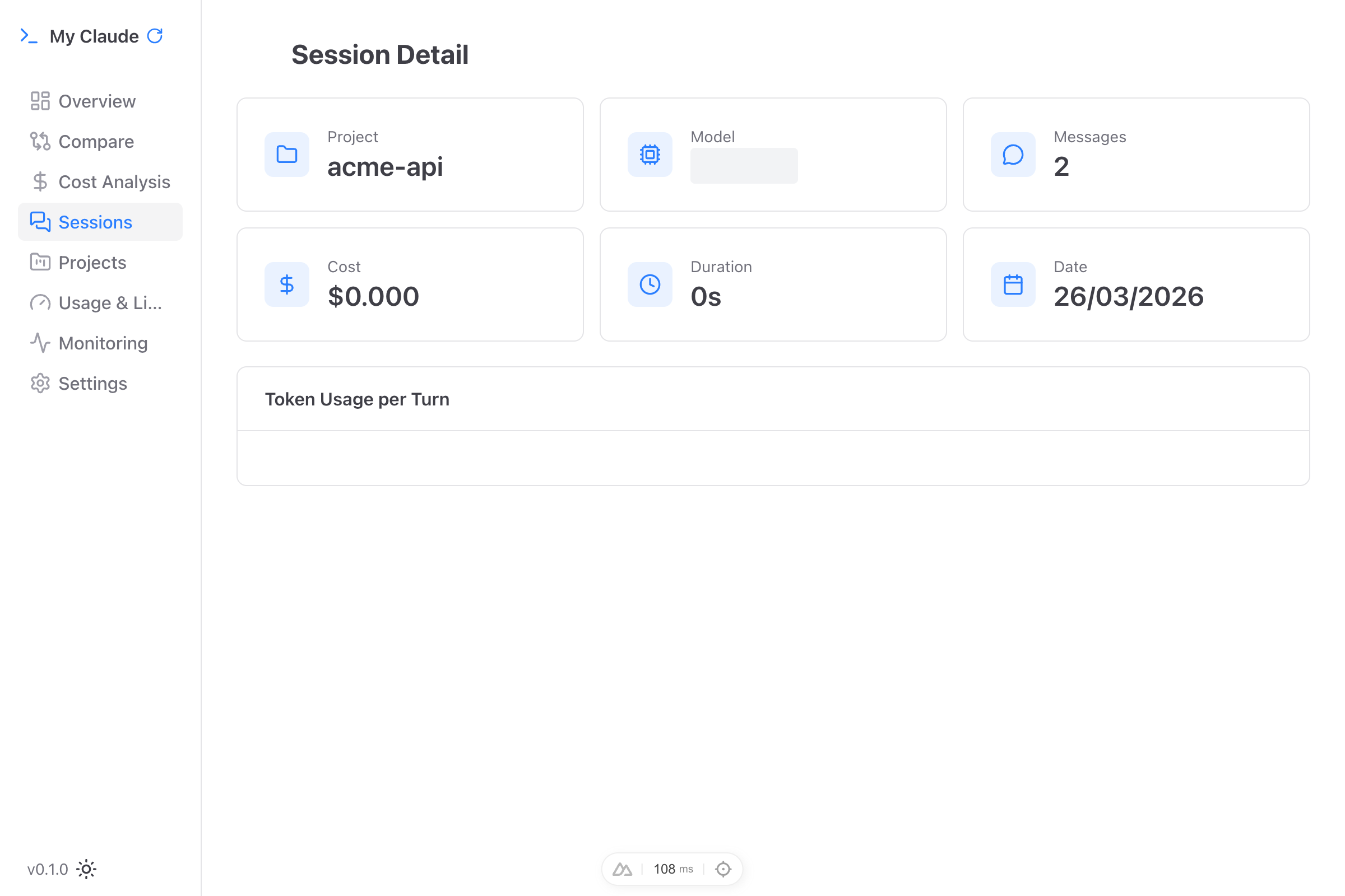 Session detail with per-turn token breakdown