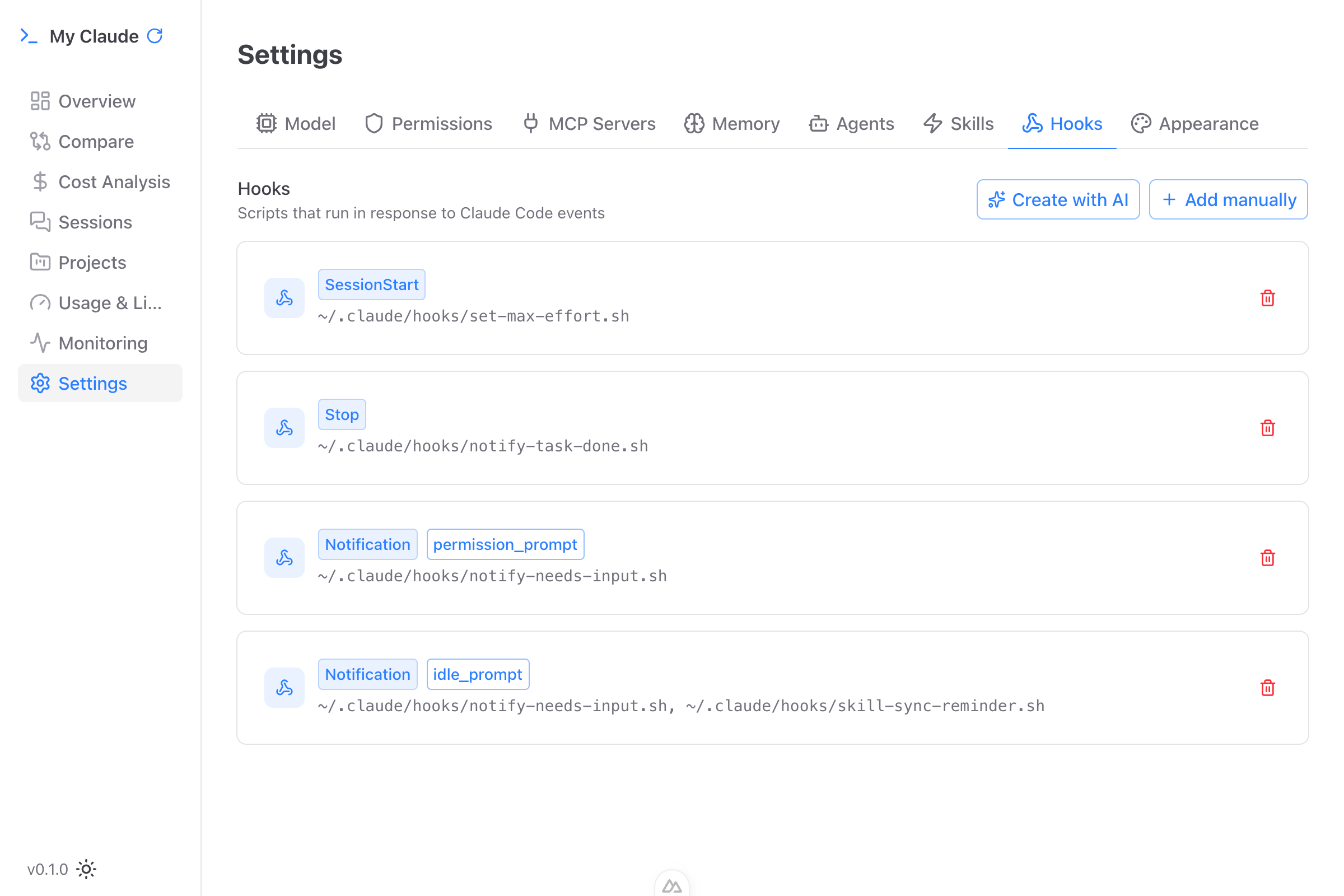 Hook configuration with event types and script paths