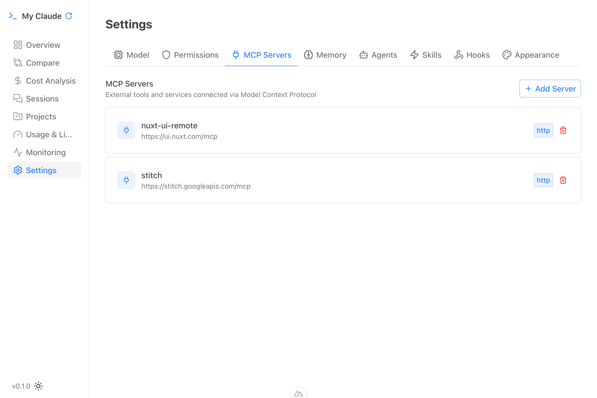 MCP server management with multiple connection types