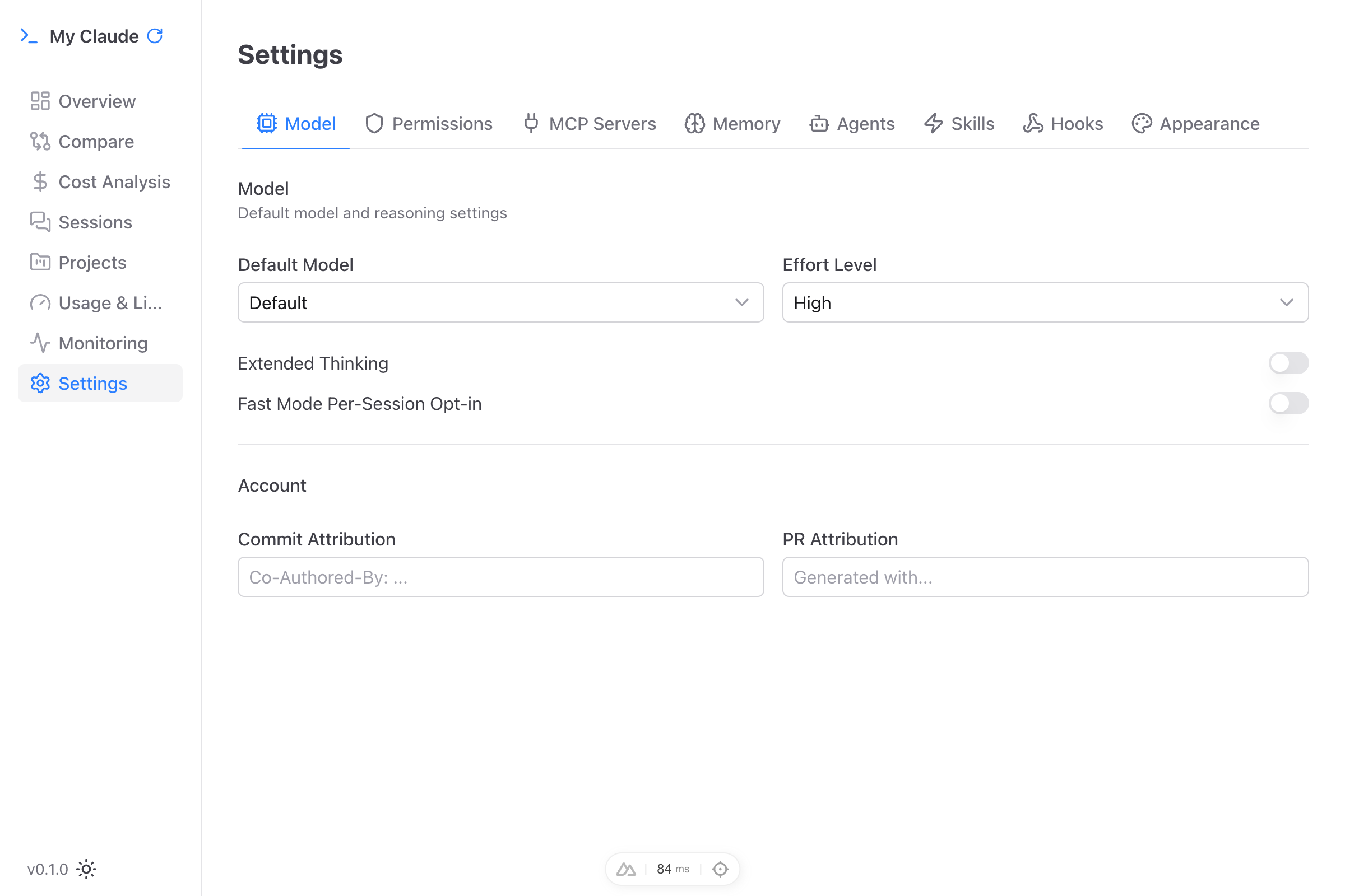 Model settings with effort level, extended thinking, and fast mode