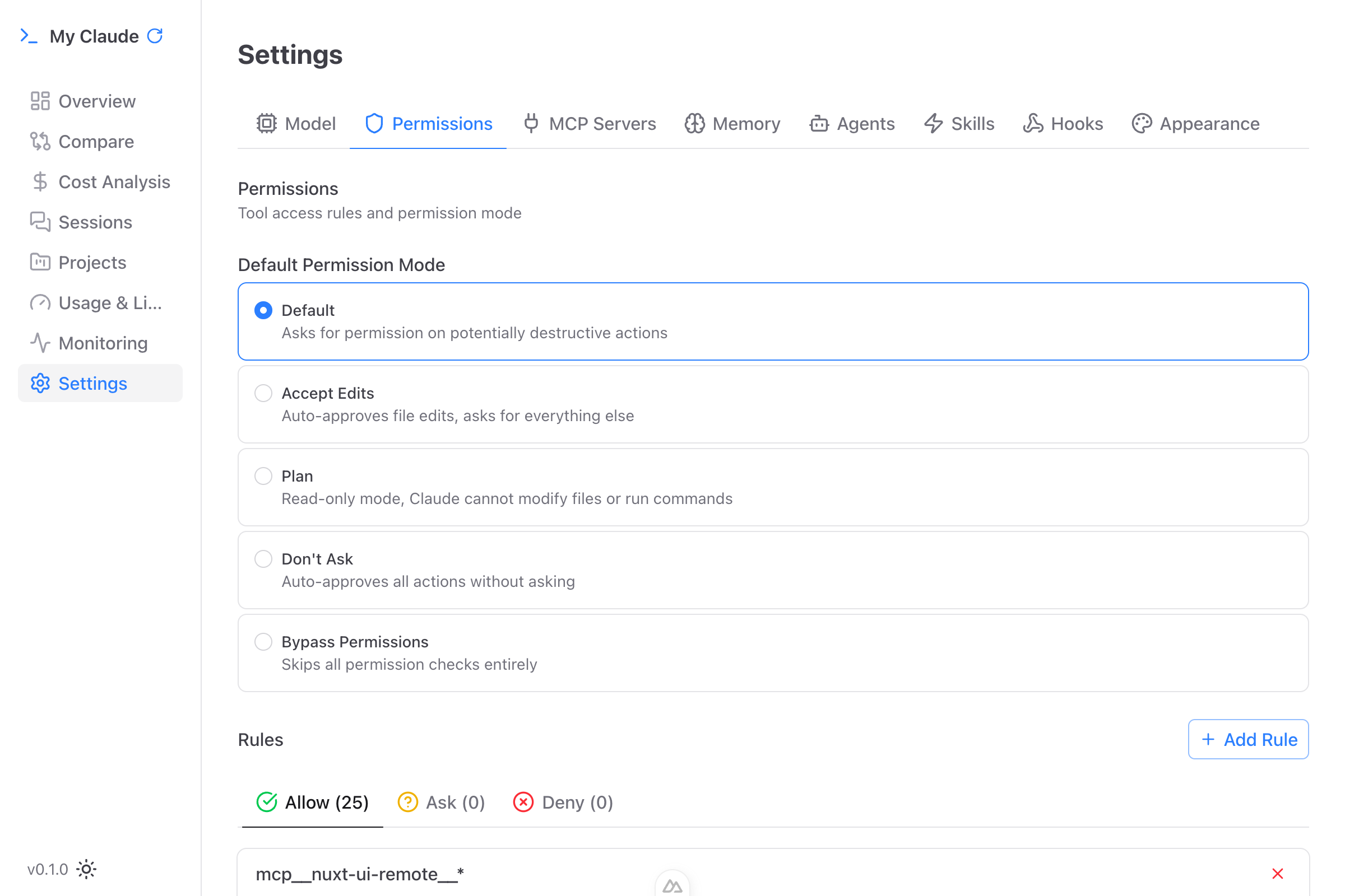 Permission modes and granular allow/deny rules