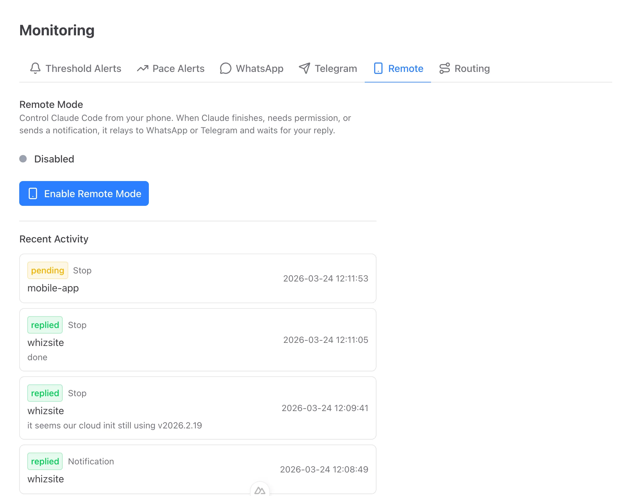 Remote mode activity log showing permission requests, notifications, and stop events